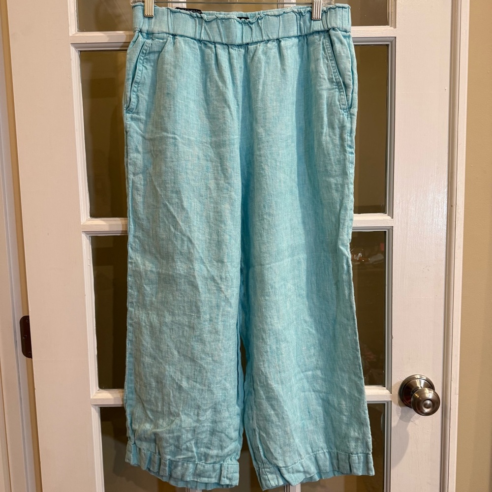 TALBOTS Nantucket Pull-On Wide Leg Crop Washed Linen Pants Aqua Blue